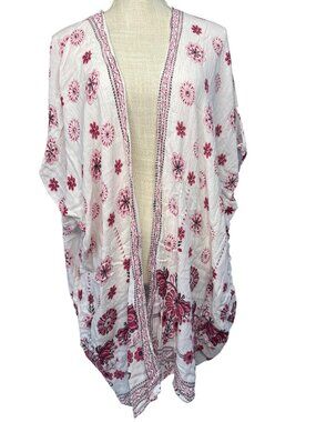 Angie M White & Pink Floral Kimono Cardigan Lightweight Open Front Medium